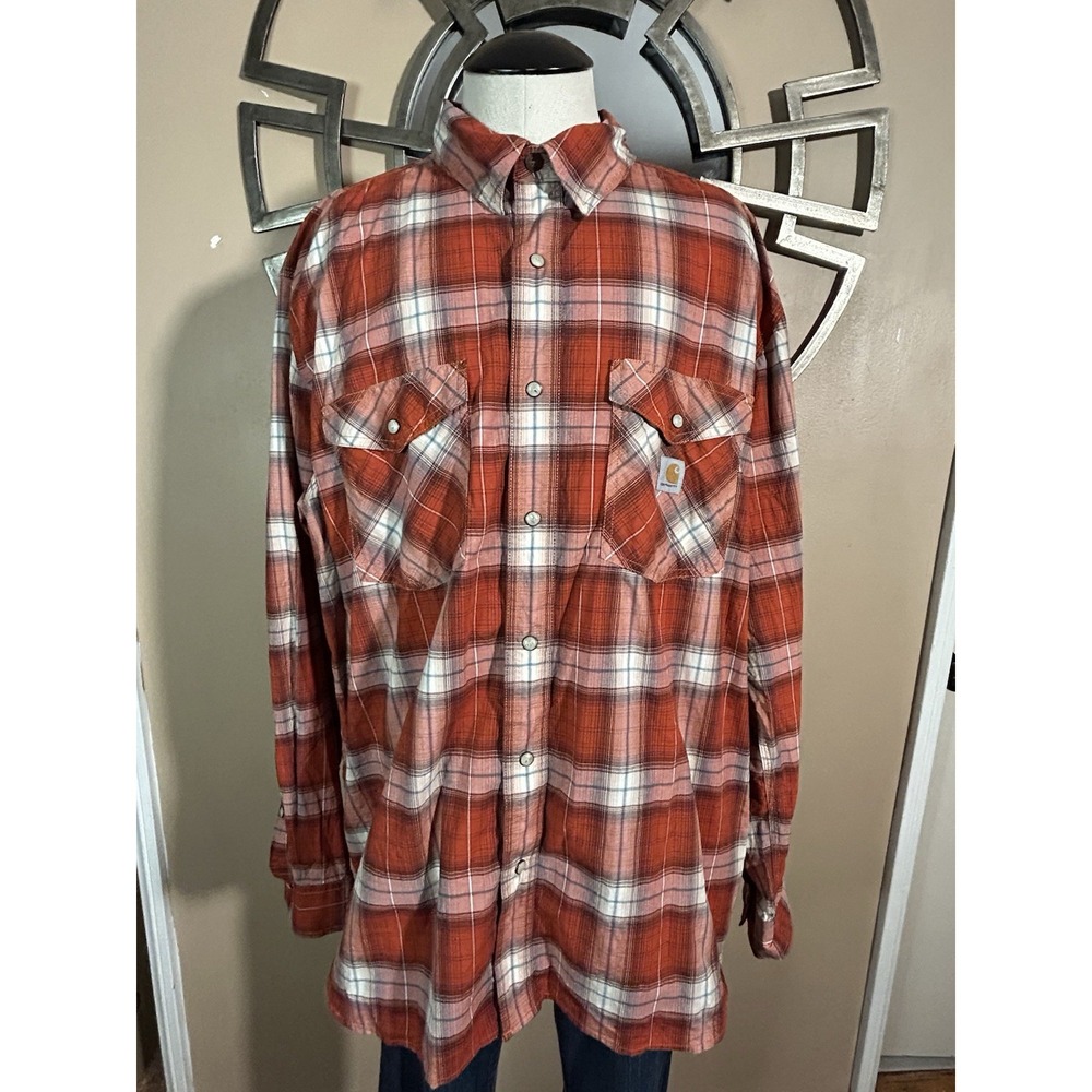 Carhartt Shirt Mens XL Extra Large Orange White Rugged Flex Pearl Snap Work Wear